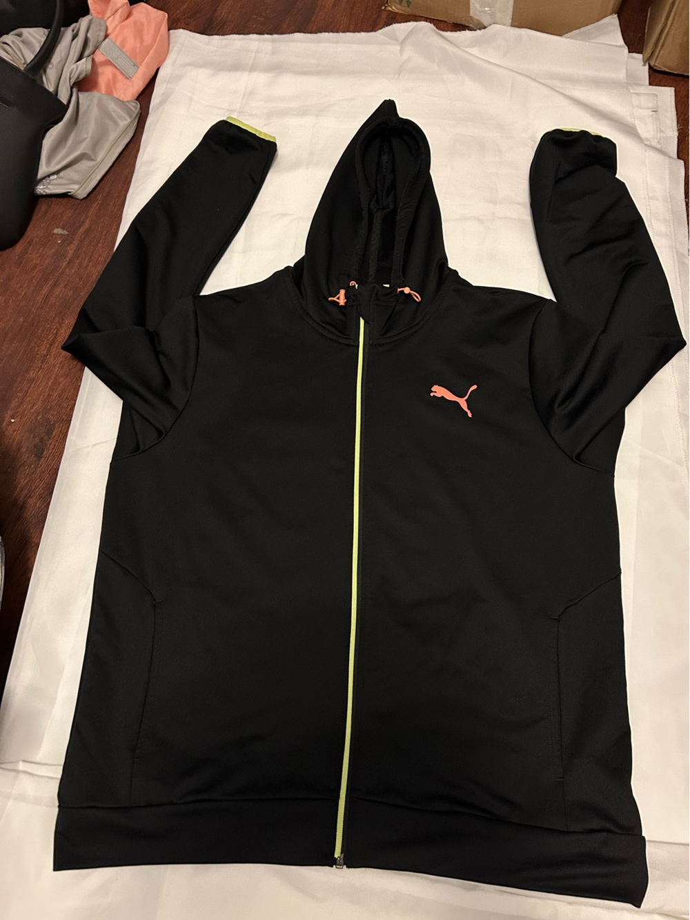 Puma Black Jacket with Neon Green Zipper and Coral Logo
